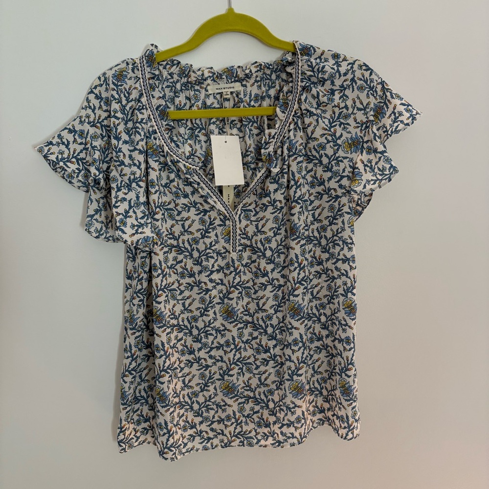 Max Studio Floral Flowy Ruffle Split Neck Flutter Sleeve Top NWT XS